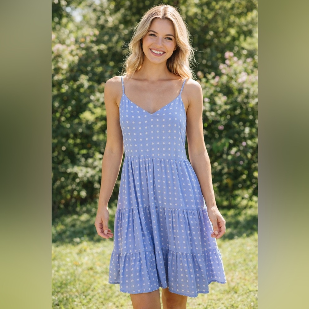 Monteau Light Blue Polka Dot Print Midi Dress